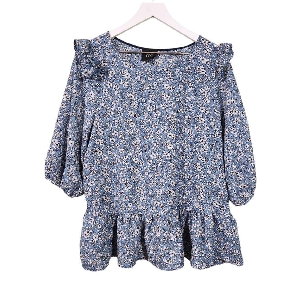 W5 Anthropologie Top sz XL Blue Ruffled Balloon Sleeve Cottagecore